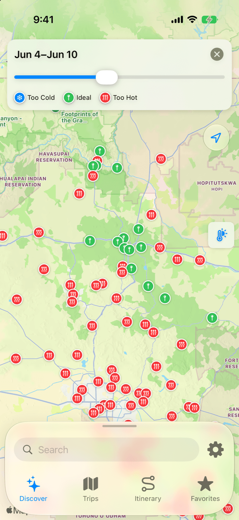 The app's temperature map of Arizona for a June week: red Too Hot pins across the Phoenix desert and green Ideal pins in the Flagstaff high country, with the week slider on Jun 4–Jun 10